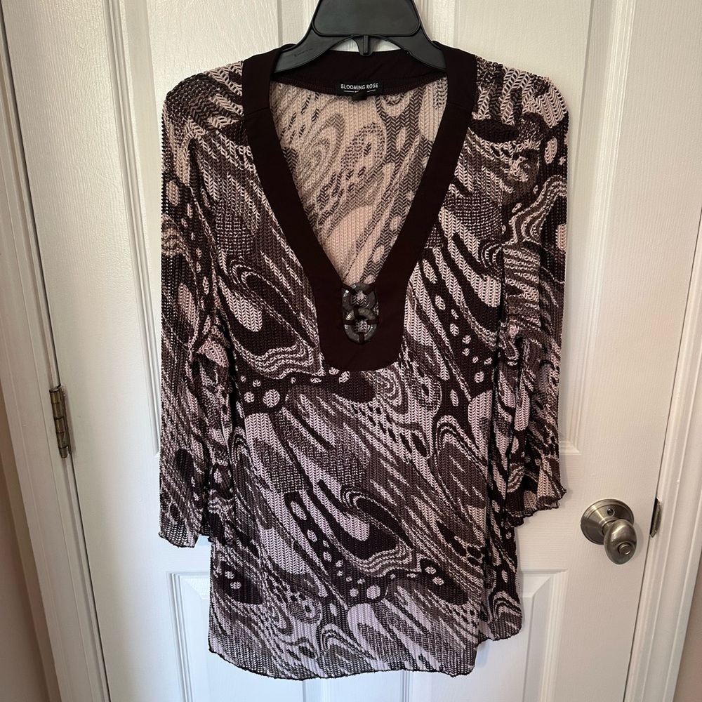 Womens Tunic Top XL Crochet Mesh Hippie Indie Retro 70’s Brown Cream Swirl